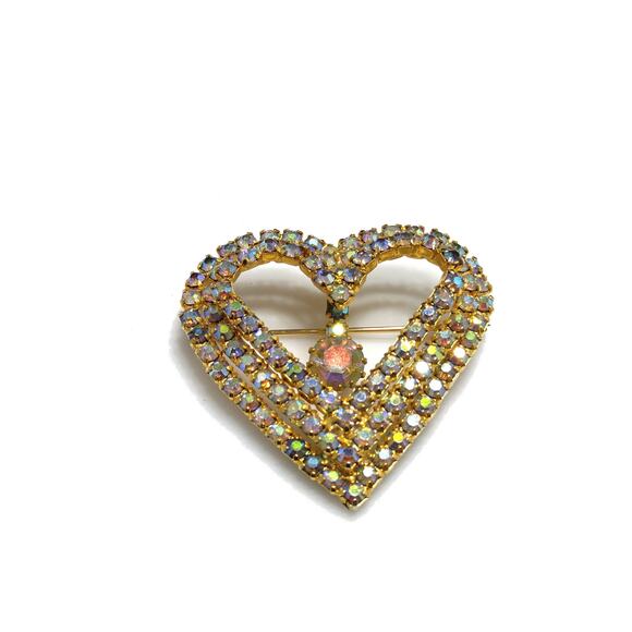 Aurora Borealis Heart Brooch, AB Rhinestone Dangle, 1960s Vintage Jewelry - Picture 9 of 10